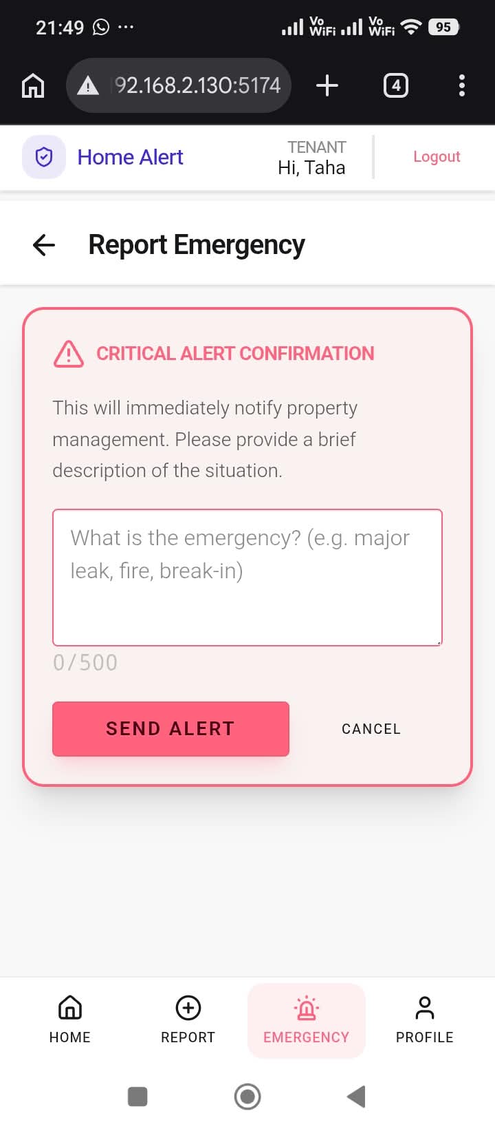 Tenant app: emergency alert confirmation