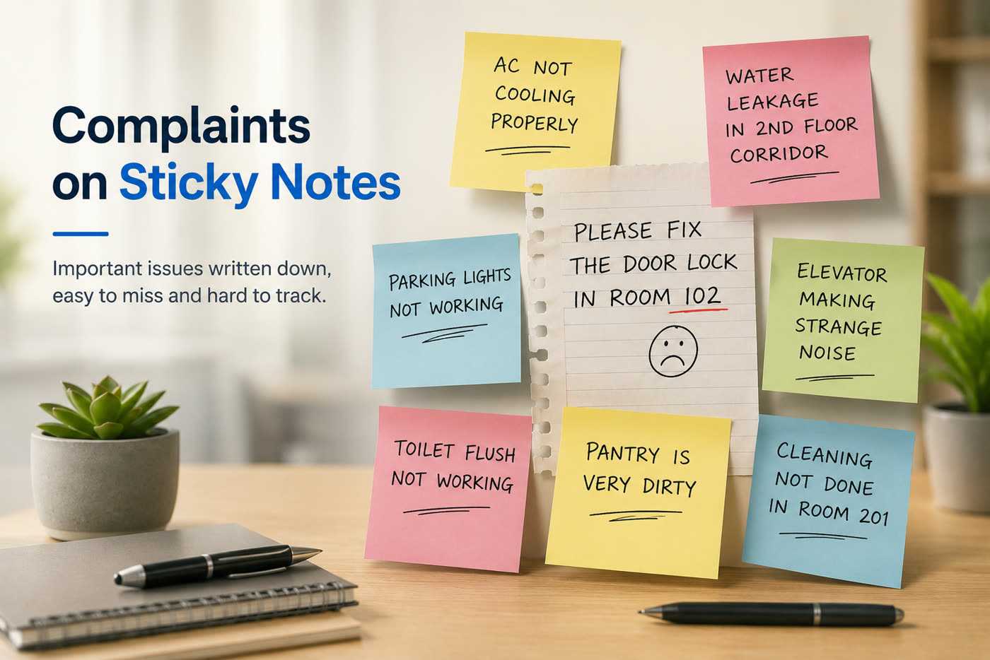 A desk covered in sticky notes listing maintenance complaints